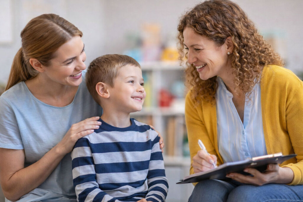 Illustration de l’accompagnement proposé par la Plateforme de Coordination et d’Orientation (PCO) de l’Association Autisme Apprendre Autrement, auprès d’un enfant présentant un trouble du neurodéveloppement, en lien avec sa famille et une professionnelle.