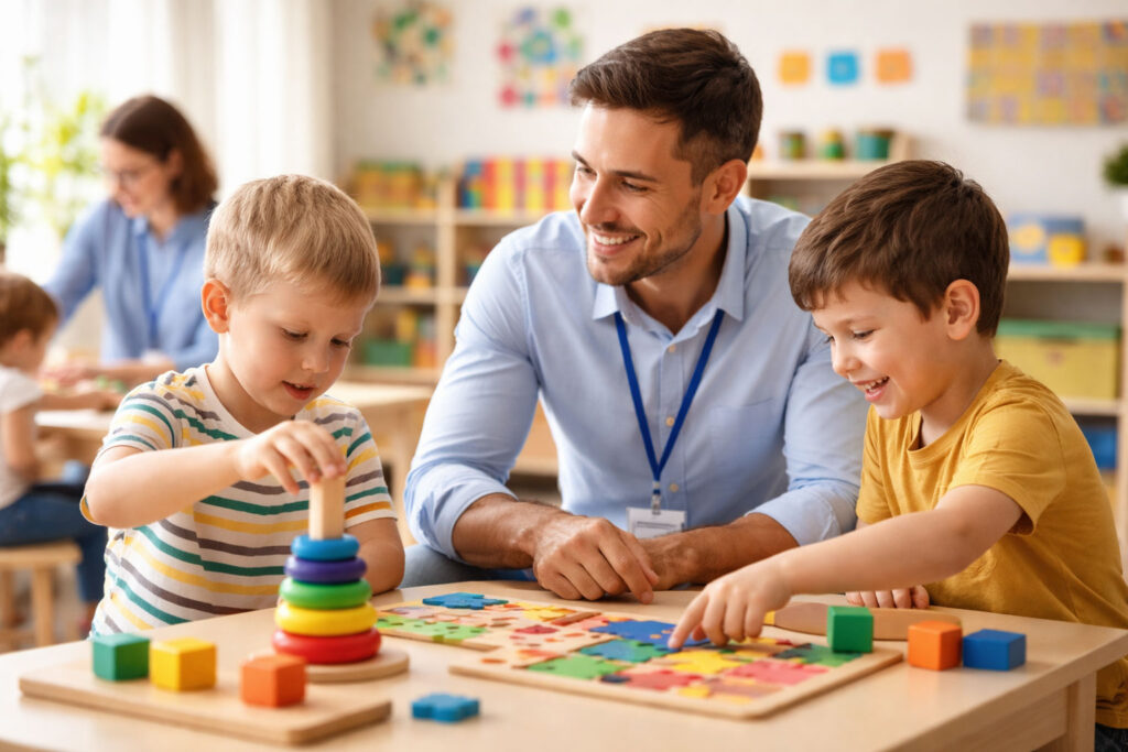 Accompagnement éducatif proposé par le SESSAD de l’Association3A, montrant un professionnel intervenant auprès de jeunes enfants présentant des troubles du spectre de l’autisme, dans un environnement adapté favorisant les apprentissages, la communication et les interactions sociales.