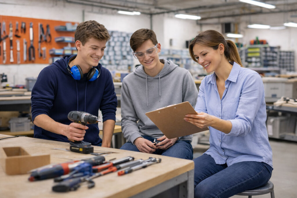 Accompagnement vers l’insertion professionnelle proposé par le SESSAD Pro de l’Association 3A, montrant des jeunes adultes accompagnés par un professionnel dans un contexte de travail favorisant l’autonomie, les compétences sociales et l’accès au monde professionnel.